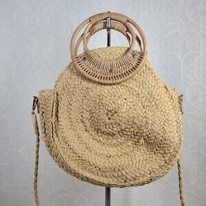 VINTAGE Woven Wooden Cinch Bag Brown Circle Handmade Rattan Summer‎ Beach Bag